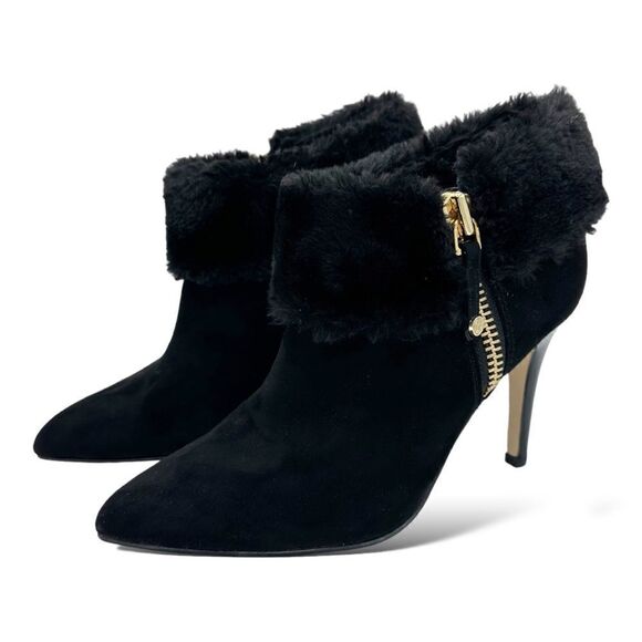 Marc Fisher Black Faux Fur Trimmed Suede Pointed Toe Stiletto Booties Shoeties 7 - Picture 3 of 11